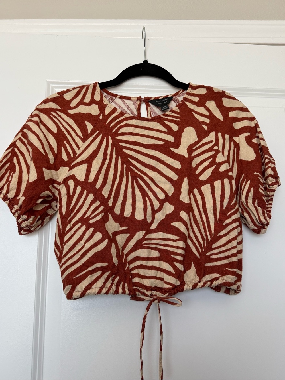 Banana Republic Linen Blend Crop Top Palm Print Rust Brown Adjustable Waist XS